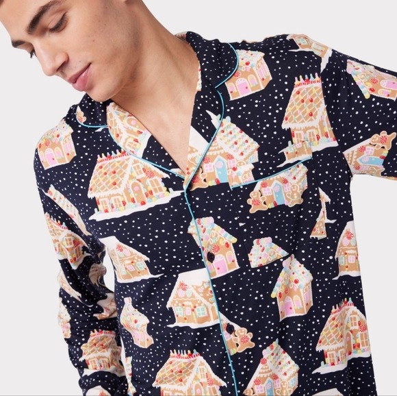 Mens' Navy Gingerbread Houses Print Long Pj Set - Picture 1 of 4